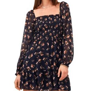 State Womens Navy Chiffon Floral Square Neck Mini Dress